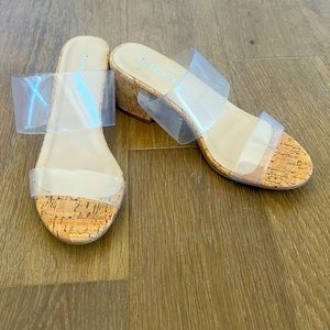 Clear Cork Block Low Heel Sandals